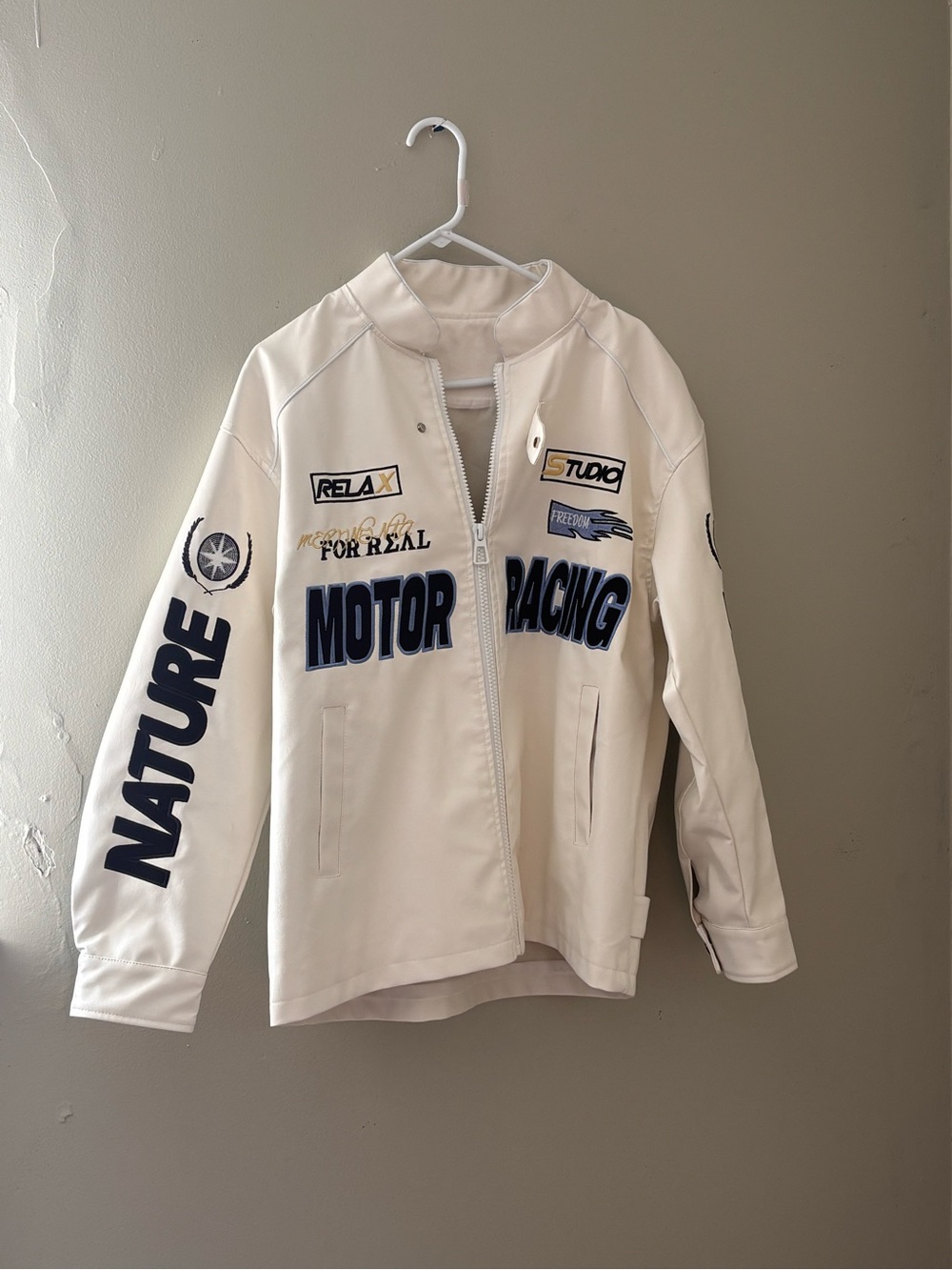 Kids White Motor Racing Jacket with Navy Graphics